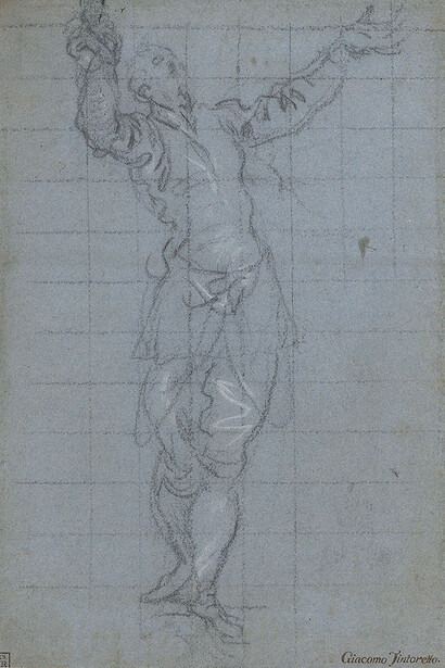 Tintoretto (1518/19–1594), Study of a Man with Raised Arms, ca. 1562–66, charcoal, heightened with white, on blue paper, squared for transfer, The British Museum, London. ©The Trustees of the British Museum