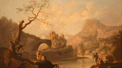 Paisaje con río, castillo y escena de pescadores por el pintor gallego Jenaro Pérez Villaamil (1807-1854)