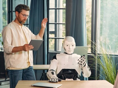 Human and artificial intelligence work together in a contemporary home setting