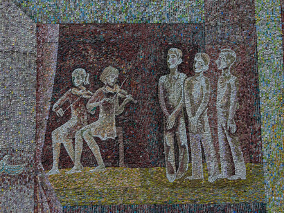 A mural depicting a choir and violinists