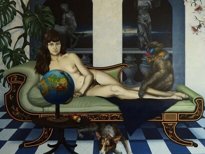 Girl with mandrill and dog by Bill Gillon – photo credit Joanna Stokes