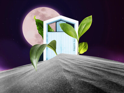 A barn in the desert, surrounded by sand and illuminated by a pink moon, evoking abstract dreams, surreal imagery, and artistic inspiration