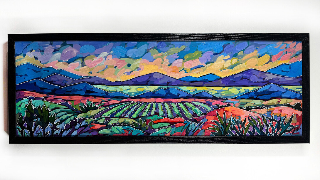 Anastasia Mak, Autumn Fields, 2023. Acrylic on Canvas, 10" x 30" (framed). Courtesy of the artist and Jackson Junge Gallery