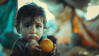 A small boy holding an orange to symbolize the Zero Hunger initiative and the importance of access to nutritious food