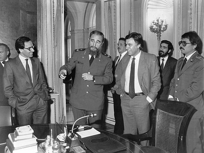 Felipe González Márquez, former Prime Minister of Spain, listens to Fidel Castro, former head of the Cuban State during the meeting held together with Daniel Ortega, coordinator of the Sandinista Junta of Nicaragua, at the Palace of Moncloa, Madrid, Spain, 16th of February, 1984