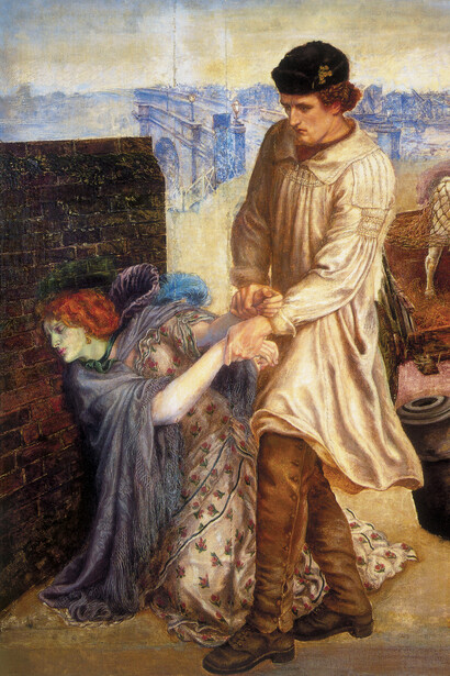 Dante Gabriel Rossetti, "Encontrada", 1869-  (inacabado). Óleo sobre lienzo, 76.2 x 88.9 cm. Samuel and Mary R. Bancroft Collection of Pre-Raphaelite Art, Delaware Art Museum, Wilmington.