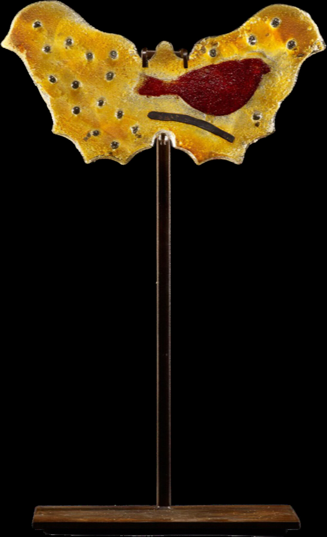 Marlene Rose, 16" Butterfly, gold with red rainbird, with stand, 2020, sand cast glass & steel, 16x10x6 inches