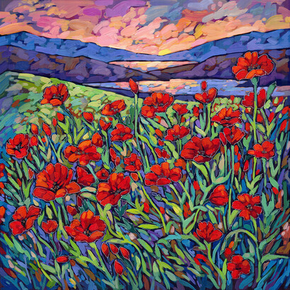 Anastasia Mak, Coastal Poppies, 2023. Acrylic on Canvas, 30" x 30" (framed). Courtesy of the artist and Jackson Junge Gallery