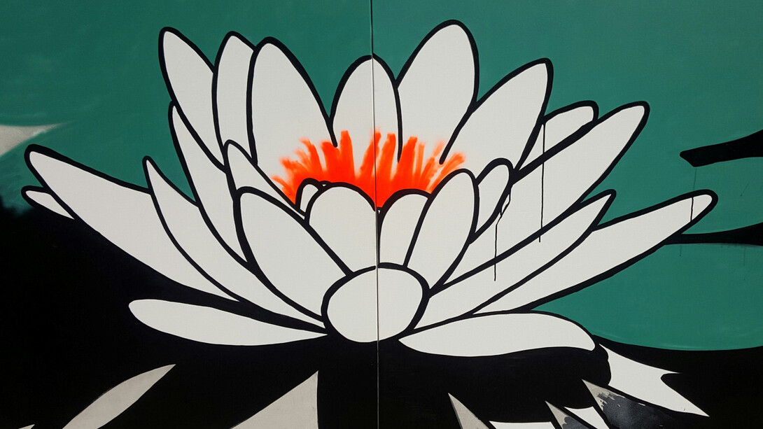 Pure Evil, Lotus 2015, Spray and Ink on Canvas, 60” x 96”, Copyright Pure Evil
