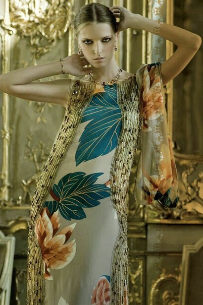 Model: Marilia, Urban. Hair: Antonio Manna for Toni & Guy. Makeup: Jennifer Bradburn, Face to Face Agency. Stylist: Mirielle Comstock. Dress: Missoni silk dress with gold beads & appliqué. Jewellery: BuIgari. Location: Palazzo Litta. Photo by Robyn Lea under license from the Ministero per i Beni e le Attività Culturali -Direzione Regionale Beni Culturali e Paesaggistici della Lombardia (Italy).  