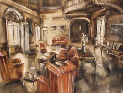 Loredana Cacucciolo, Nelle stanze di Andrea, Il salotto a righe, olio su tela ,74x84x5 cm, 2013