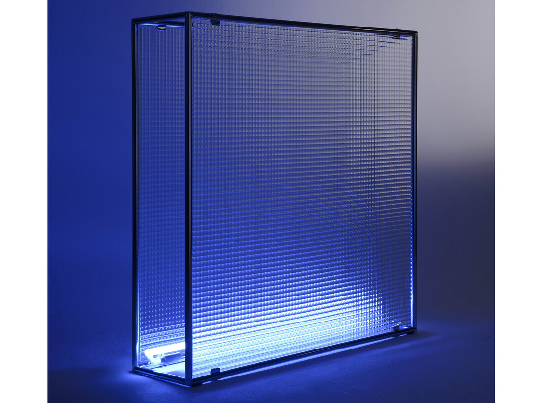 Nanda Vigo, Diaframma, 1968, Aluminium, glass and blue neon, 100 x 100 x 20 cm, 39 3/8 x 39 3/8 x 7 7/8 inches