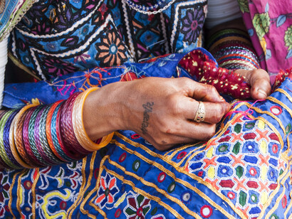 Kutch mirrorwork in Gujarat: handmade embellished fabric items are typical of the region around Ghandi nu Gam