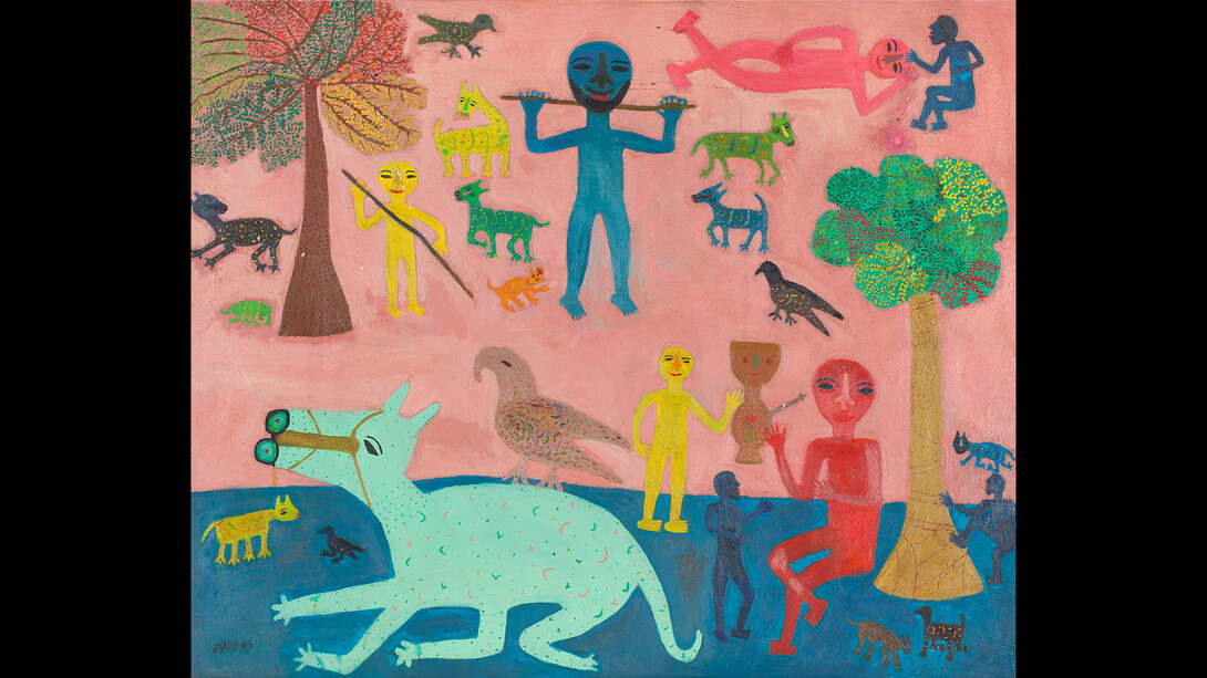 Madhvi Parekh, Playing With Animals, 1989, Oil on canvas; 44.7 x 55.0 in / 113.5 x 139.7 cm