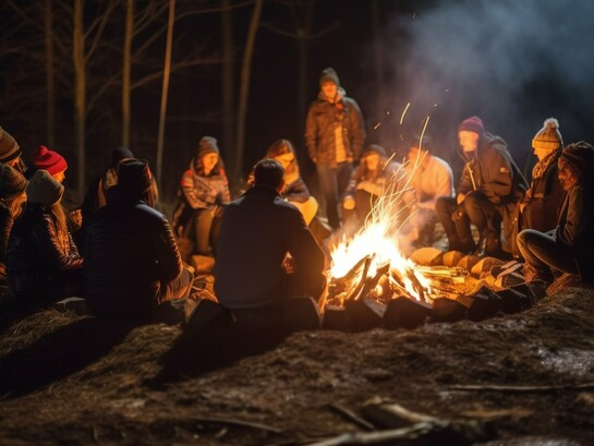 Travellers gathered around a glowing campfire, representing the human desire to find connection through shared experiences