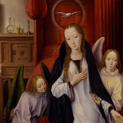 „Die Verkündigung“ (ca. 1465), Fragment. Hans Memling. Öl auf Holz (77X55 cm), Metropolitan Museum of Art, New York. Der Innenraum ist prächtig mit roten und blauen Tönen dargestellt 