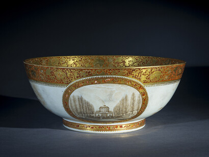 Punch Bowl with Views of the Centre Square Waterworks, Philadelphia, and Two Views of War of 1812 Engagements, about 1812, Chinese, for the American Market, Porcelain, partially painted and gilded, 5 1/2 in. high, 13 7/16 in. diameter. Photo credit: Eric W. Baumgartner