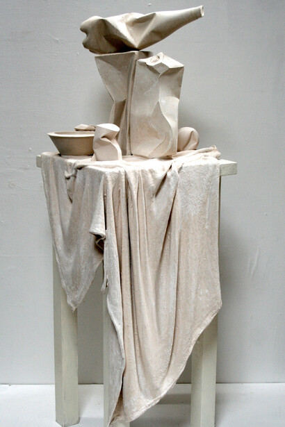 Jaana Fowler, Crushed Packets Still Life, Resin, Plaster and Wood, 98 x 39 x 35 cm 