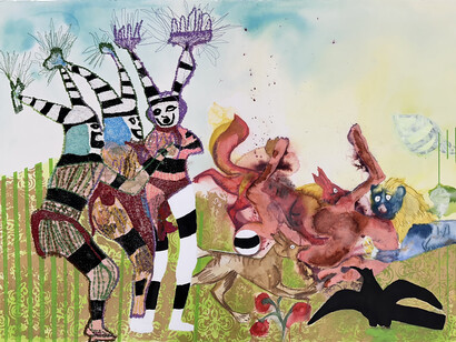 Griselda Rosas, Tragaluz (Skylight) (detail), 2022. Embroidery, watercolor, acrylic, natural pigment, and embroidery on paper, 42 x 72. Courtesy of Luis De Jesus Los Angeles