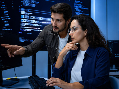 Focused IT professionals analyzing real-time data on computer monitors in a modern server room