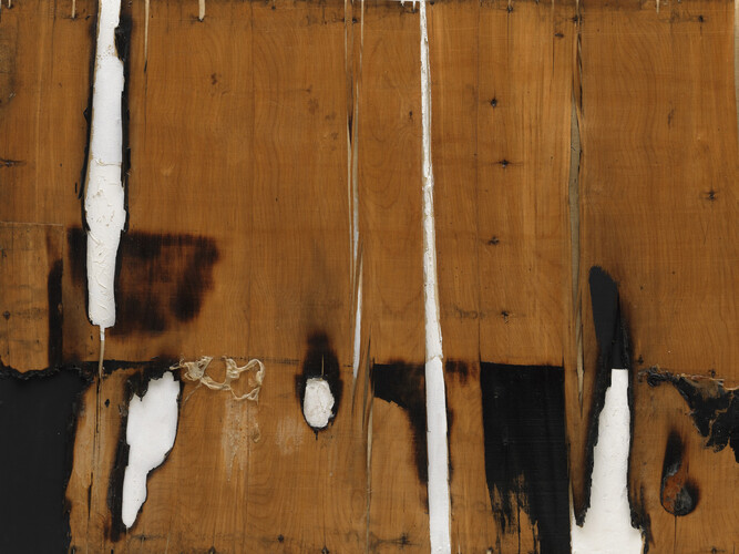 Alberto Burri, Legno e bianco I (Wood and White I), 1956, Oil, tempera, Vinavil, and charred wood on canvas, 87.6 x 159 cm, Solomon R. Guggenheim Museum, New York 57.1463, © 2014 Artists Rights Society (ARS), New York/SIAE, Rome
