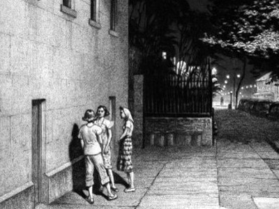 Martin Lewis (1881 – 1962). "En el muro", 1949. Punta seca y arena. Nueva York, EE.UU.