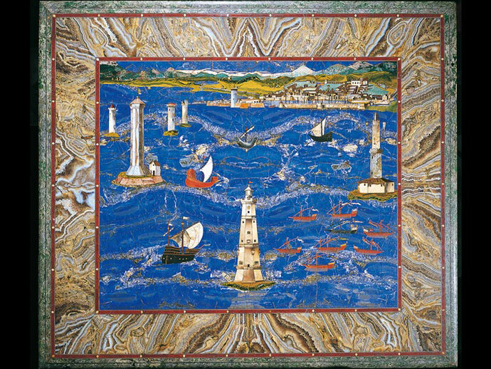 Manifattura granducale (Cristofano Graffurri su disegno di Jacopo Ligozzi), Tavolo con veduta del porto di Livorno, 1601-1604, mosaico di pietre dure, 107 x 94 cm, Firenze, Galleria degli Uffizi