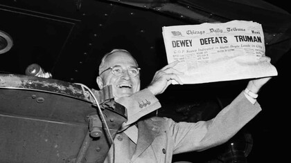 President Harry Truman, a Democrat, holds up the Republican-leaning Chicago Daily Tribune newspaper which falsely stated that Truman lost the US presidential election to Dewey