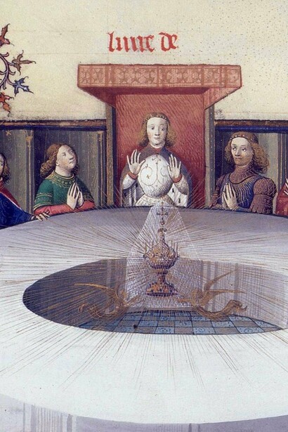 I cavalieri di re Artù alla tavola rotonda per celebrare la Pentecoste, da un manoscritto di "Lancillotto e il Sacro Graal"