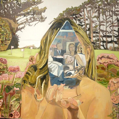 Gairdín Rós, Self-portrait with an iron in a Hydrangea Garden, 2022. Courtesy of Olivier Cornet Gallery