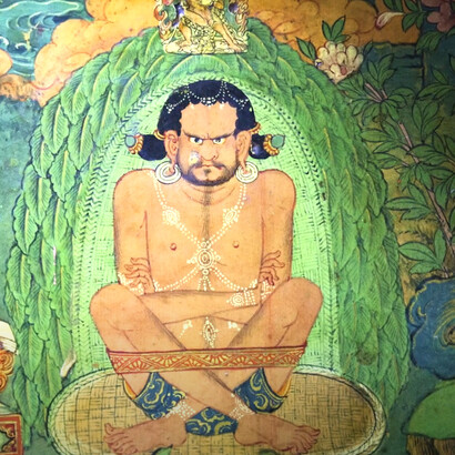 Affresco del tempio Lukhang raffigurante la pratica Dzogchen. Il tempio Lukhang o “Tempio degli spiriti del serpente” è uno spazio di meditazione segreto creato per l’alto clero buddhista nel XVII secolo