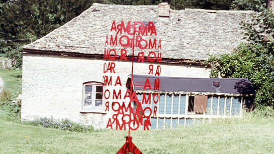 Ken Cox, Amor (1966) in front of Kingscote studio, detail, part of Three Graces (1966-68), steel brass and copper, c.Ken Cox Estate