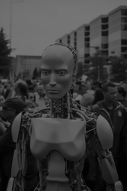 Portrait of ai robot in urban area