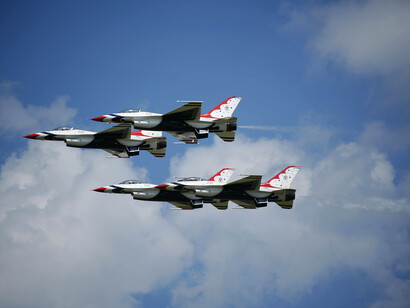 F-16 fighter jets of the U.S. Air Force Thunderbirds during an aerobatic display