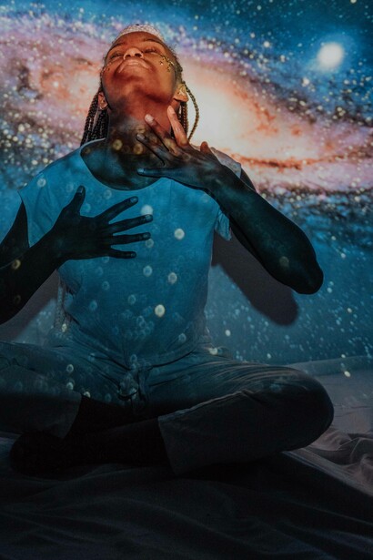 Woman takes a deep breath