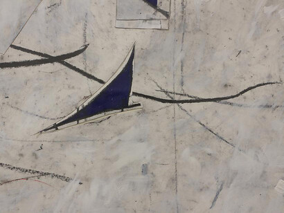 Joseph Hart, detail of Untitled (K.I.04), 2014 / collaged paper, work pants, acrylic, oil crayon and graphite on paper / 50 x 38 inches