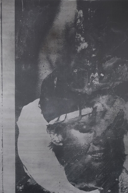 Manor Grunewald, Untitled (concrete #52), 2015, oil, acrylic, spray paint, and UV print on synthetic canvas with aluminum frame, 78 11/16 x 59 inches