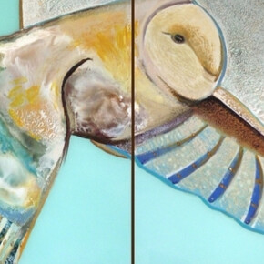 Sure Flight" by Carolyn Goodridge, Encaustic on Glass, 28” x 48”- Diptych framed. 