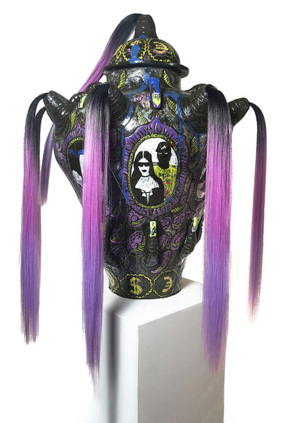 Katia Kesic, Black Magic, underglaze on stoneware clay, artificial hair, nails, nail polish, 2019