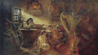 Konstantin Makovsky (1839–1915). 1905, óleo sobre lienzo, Museo Estatal de Historia de la Religión, Moscú, Rusia. Adivinaciones navideñas: en el interior de una cabaña rural, seis muchachas se dedican a adivinar el futuro: cinco de ellas se han reunido alrededor de un gallo que picotea grano junto a la muchacha sentada a la izquierda, lo que debería presagiarle un pronto matrimonio. Más a la izquierda, junto a la ventana, una muchacha está sentada a la mesa, sobre la que hay agua y velas. Junto a ella, en un banco, duerme una anciana