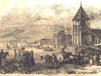 Ramón Páez, artista venezolano, publicado como ilustración de "Holidays in Costa Rica", artículo del viajero irlandés Thomas Francis Meagher, para la revista "Harper's New monthly Magazine", New York, 1860. "Un día de mercado en la Plaza Mayor de Cartago", Grabado, 1858, a la derecha, la parroquia en ruinas a causa del terremoto de 1841. Así lucía el corazón de Cartago cuando Josefa Carazo promediaba los 50 años de edad.
