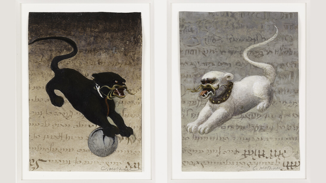 Carol Mothner, Dragon Dog I & Dragon Dog VII (diptych), 2012, Mixed media on paper, 4.5 x 7.5 in. Courtesy of LewAllen Galleries