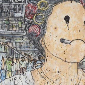 Untitled (inspired by Stephen Chow), 2019 Acrylic paint, aerosol on canvas 100x140cm|393/8 x551/8 in
Courtesy MADSAKI/Kaikai Kiki Co., Ltd.