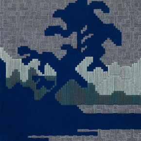 Azadeh Gholizadeh, Blue, 22.5x22.5 inches, needlepoint merino wool, alpaca wool, felt on canvas mesh, 2021. Courtesy of the artist and Pentimenti