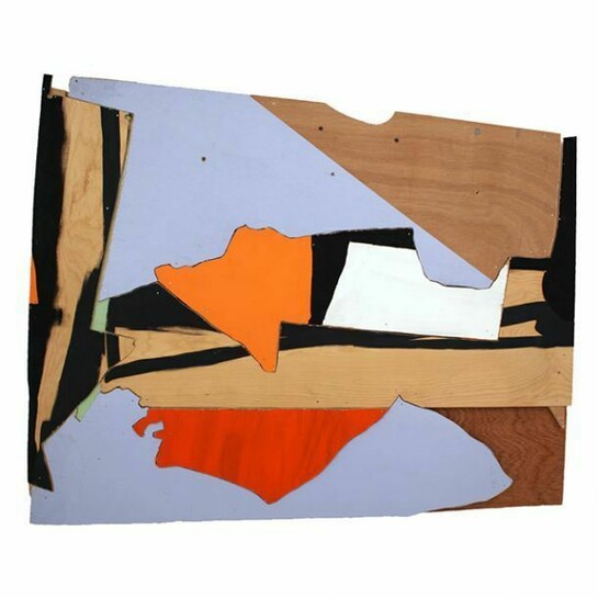 Lisi Raskin, Untitled (painting for SB), acrylic paint, oil paint, latex paint, paper, archival glue, screws, nails, and wood, 36 1/2 x 44 inches