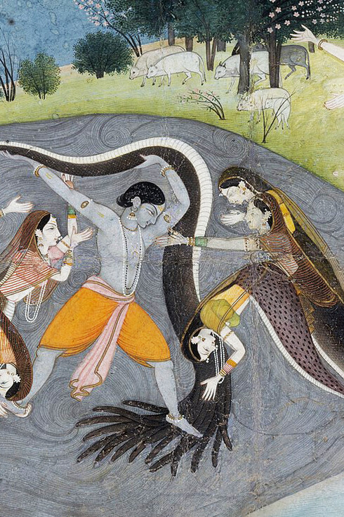 Krishna somete a Kaliya Nāga, el demonio serpiente: Folio de una serie del Bhagavata Purana (detalle)