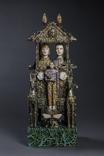 House on Fire V, 2014. Richard Cleaver (born 1952). Hand-built ceramic, wood, freshwater pearls, quartz, Swarovski crystals, metal, gold leaf, painted in oil, 22 × 8 1/2 × 6 inches. Courtesy of the artist. Photograph by Dan Meyers. © Richard Cleaver.