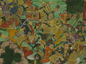 “Babur Confronts His Enemies in the Mountains of Kharābūk and Pashāmūn,” illustration from a late 16th-century manuscript of the Baburnama (Memoirs of Babur)