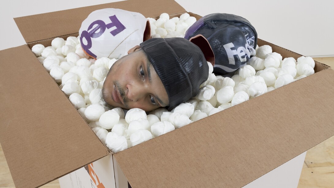 Josh Kline, Packing for Peanuts (Fedex Worker’s Head with Knit Cap), 2014.
Courtesy the artist, Zabludowicz Collection and 47 Canal, New York.
Photo: Joerg Lohse 

