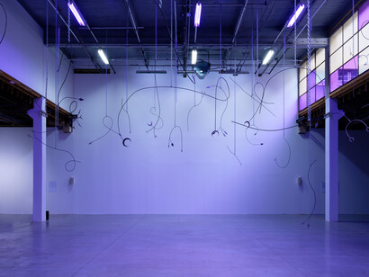Tarek Lakhrissi, Unfinished Sentence II, 2020. Installation of 30 metal spears and performance with chains, colour filter, loud speakers. Palais de Tokyo, Paris, FR. Photography: Aurélien Mole. Courtesy of the artist and VITRINE London/Basel.